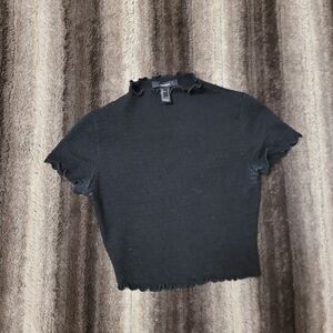 Forever 21 Black Ribbed Ruffle Mock Neck Crop Top Size S
